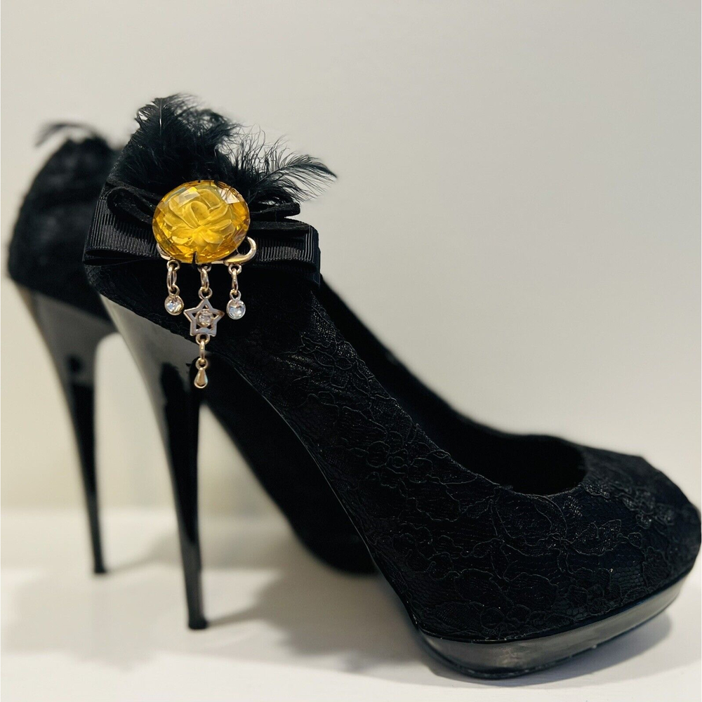 2 Lips Too Victorian Black Lace Heels Charm Brooch Vintage Inspired Sz 9.5